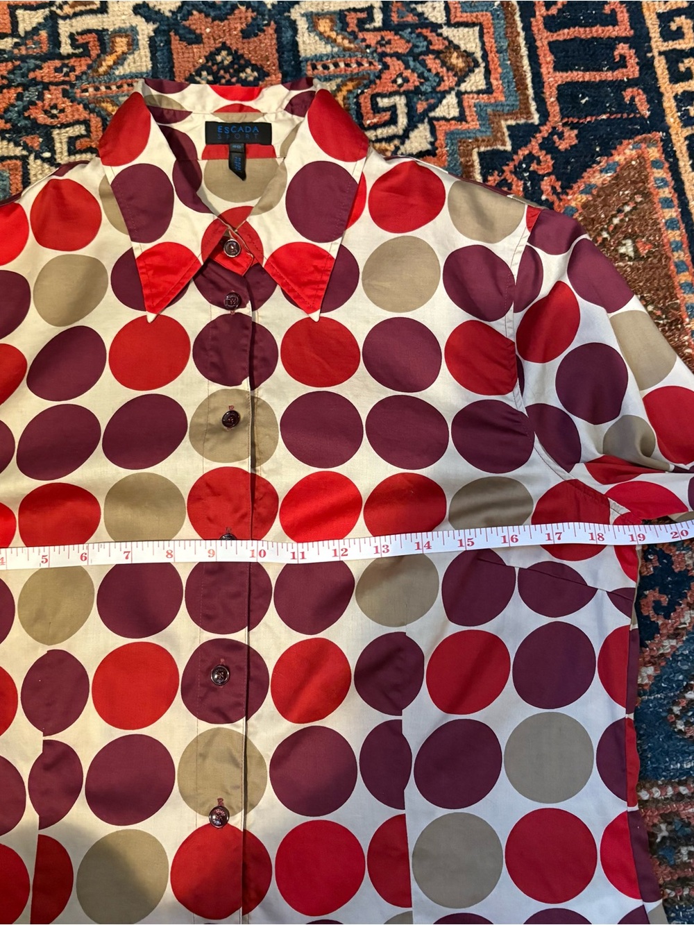 Escada Sport Red Burgundy Tan Polka Dot Button-Down Shirt - Picture 8 of 10
